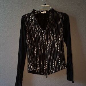 Black and Silver Ribbed Fitted Long Sleeve Blouse